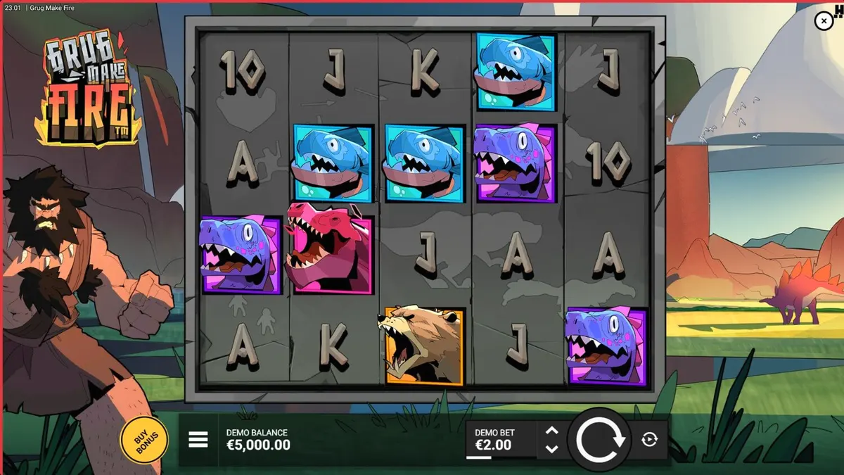Grug Make Fire slot machine interface featuring prehistoric theme