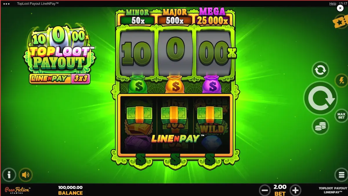 Tampilan visual slot TopLoot Payout LineNPay dengan simbol harta karun dan gulungan 3x3